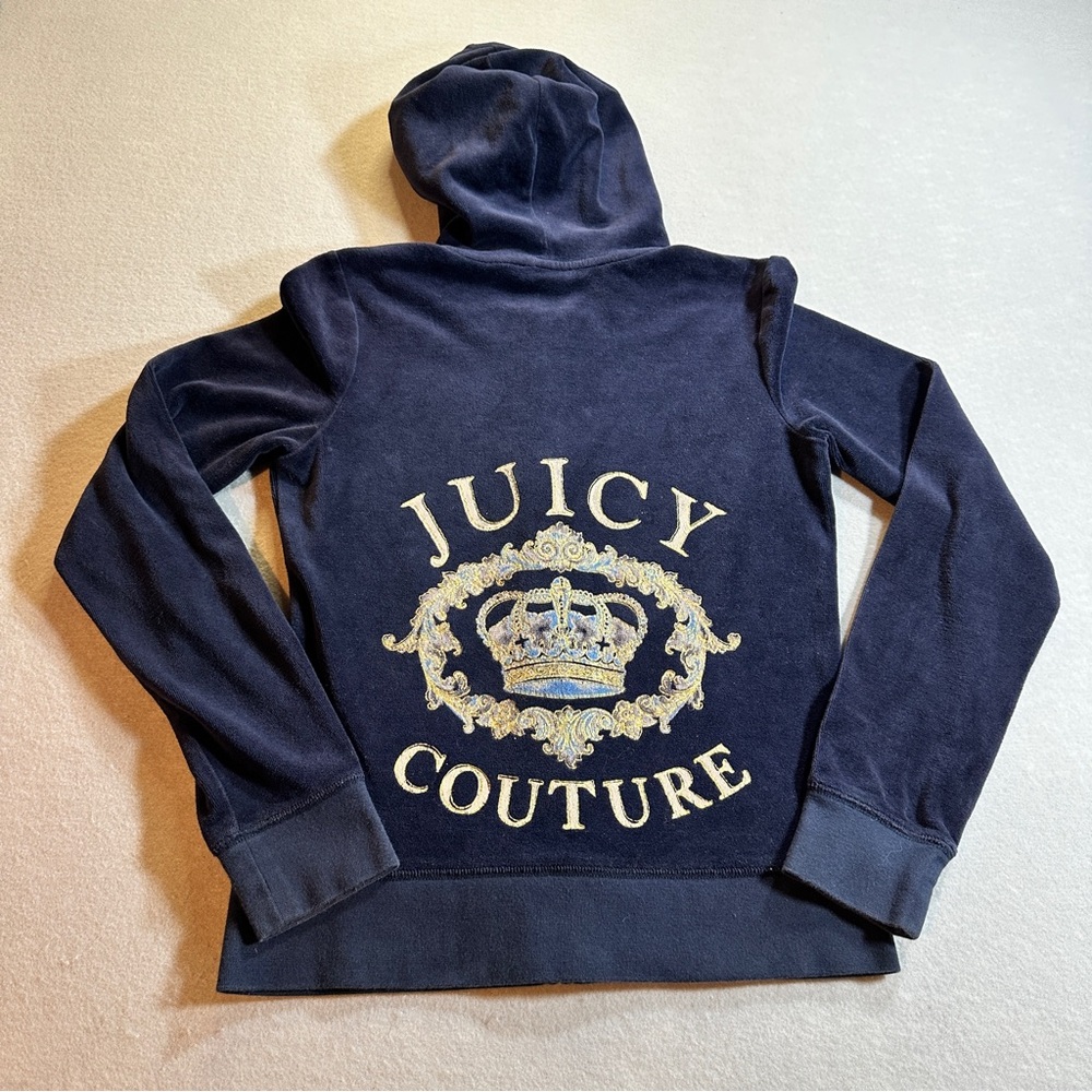 Juicy Couture Velour Full Zip Hoodie Women’s M Navy Blue Cozy Lounge‎ Y2K - Picture 10 of 11